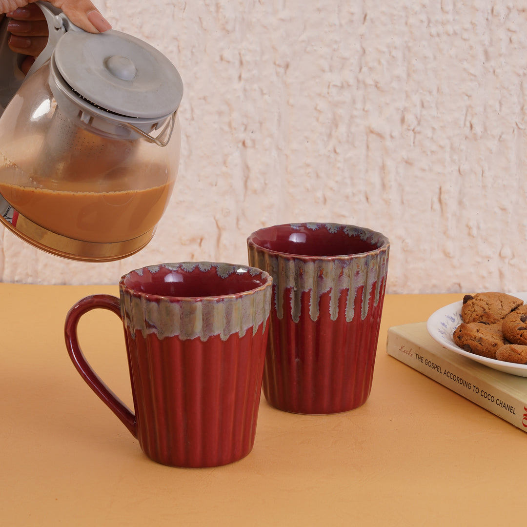 Fluted Maroon Coffee Mugs set of 2