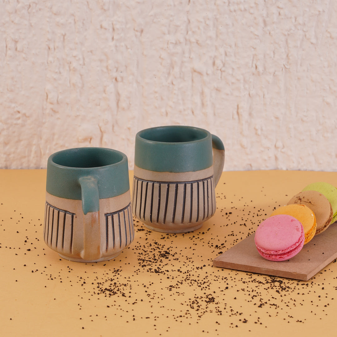 Wavy Dark Green Coffee Mugs set of 2
