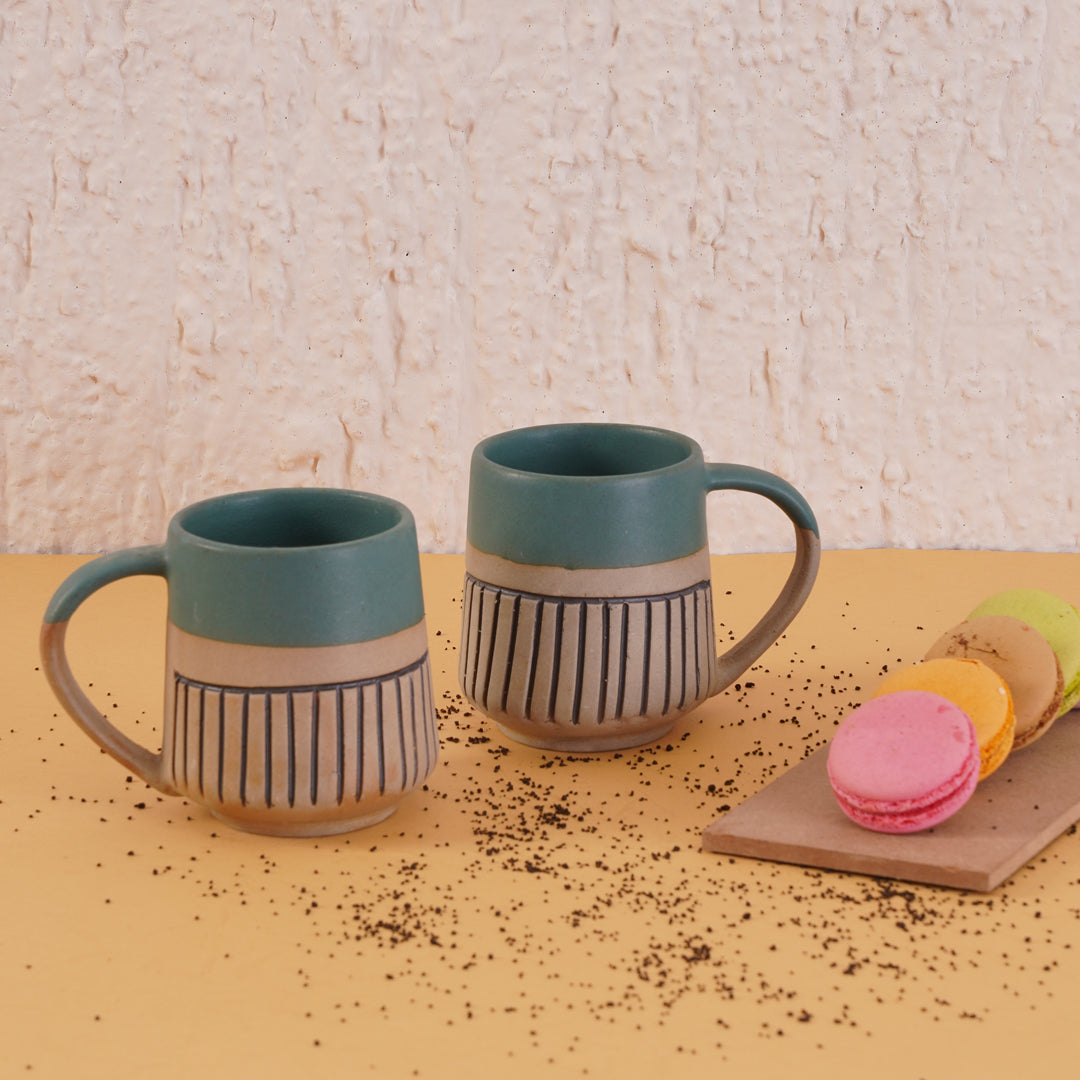 Wavy Dark Green Coffee Mugs set of 2
