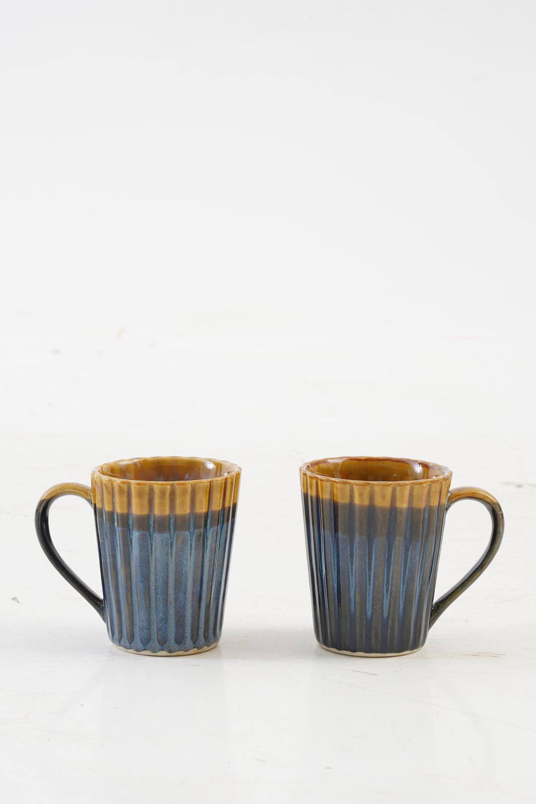 Fluted Navy Blue & Yellow Coffee Mugs Set of 2