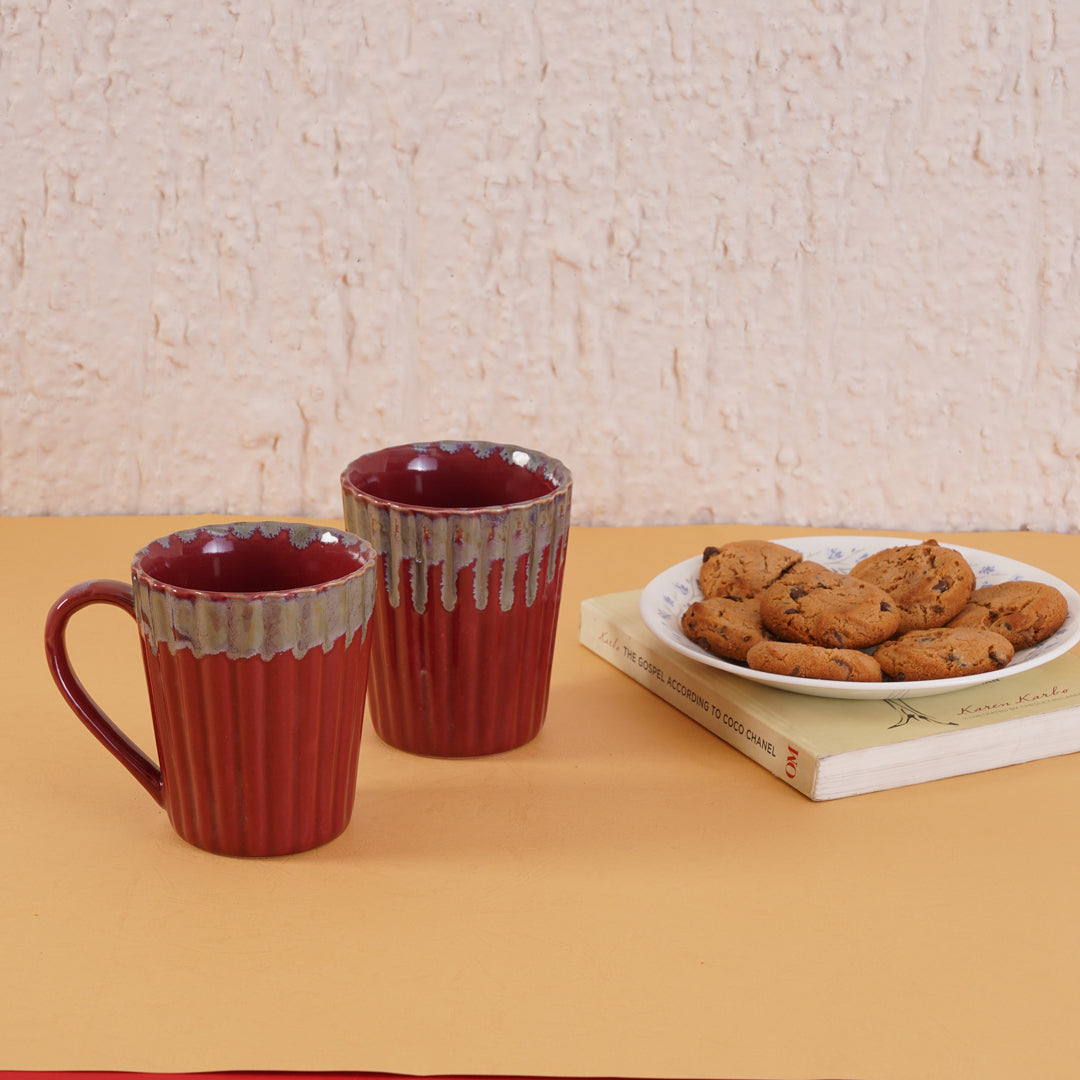 Fluted Maroon Coffee Mugs set of 2