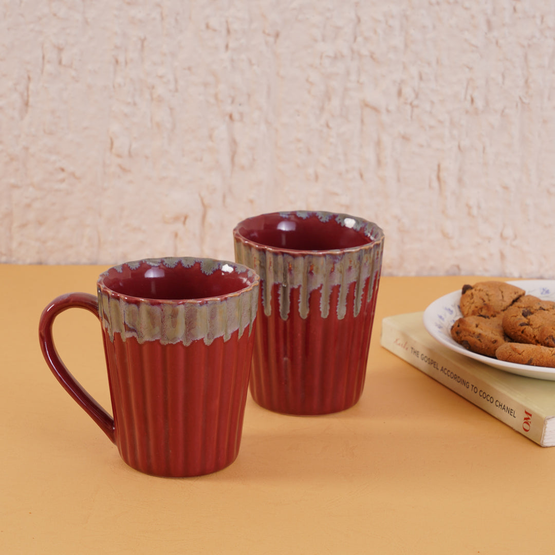 Fluted Maroon Coffee Mugs set of 2