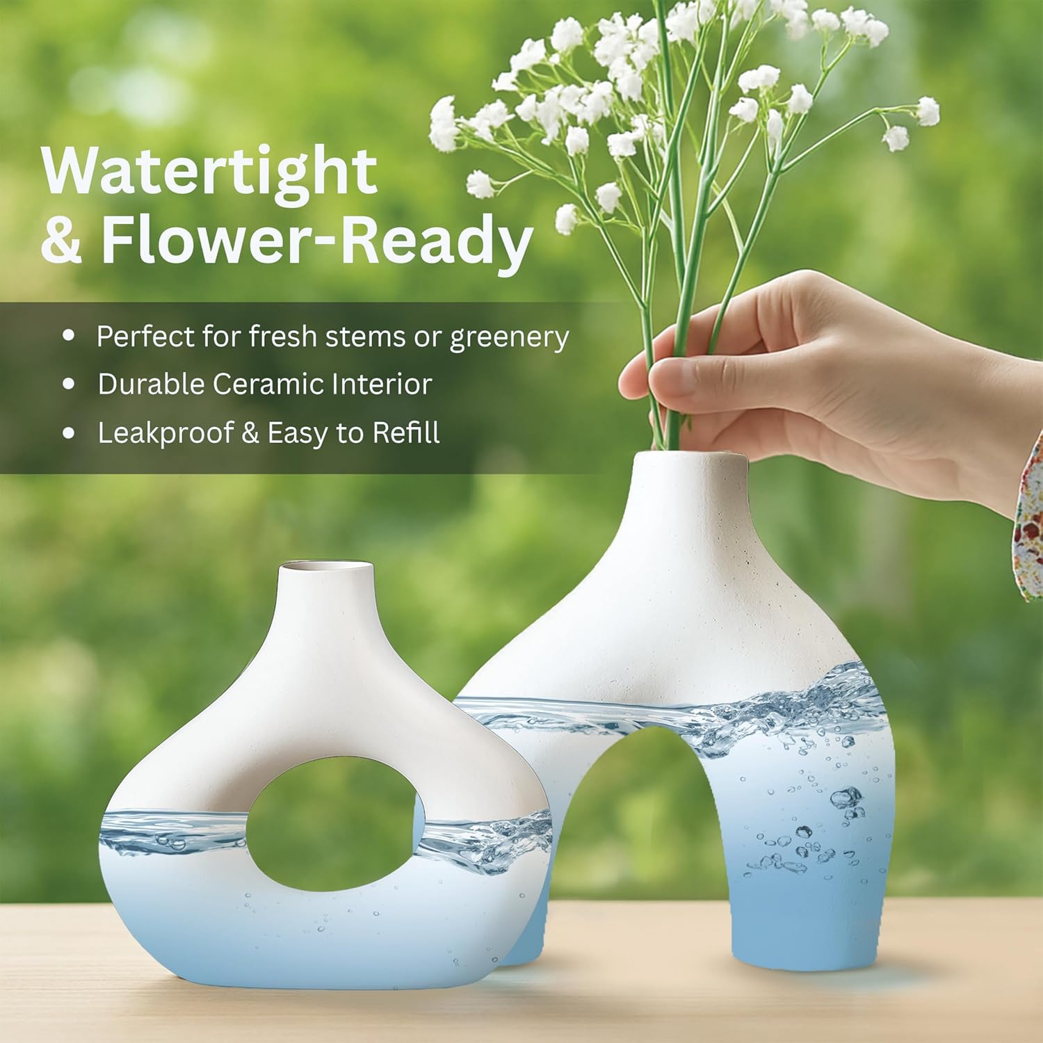Abstract White Ceramic Donut Vase 5.4 & 7.7 Inch - Set of 2