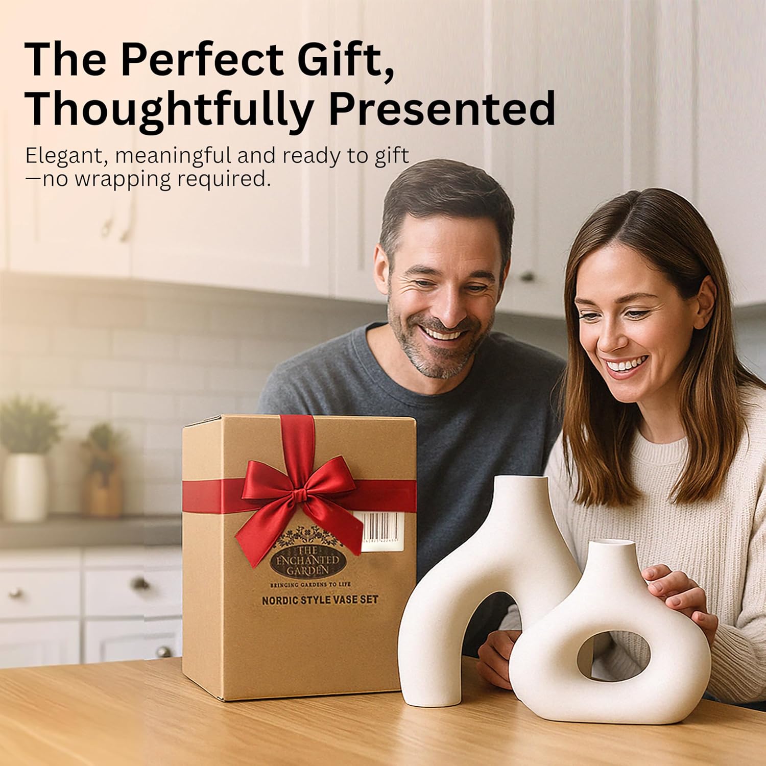 Abstract White Ceramic Donut Vase 5.4 & 7.7 Inch - Set of 2