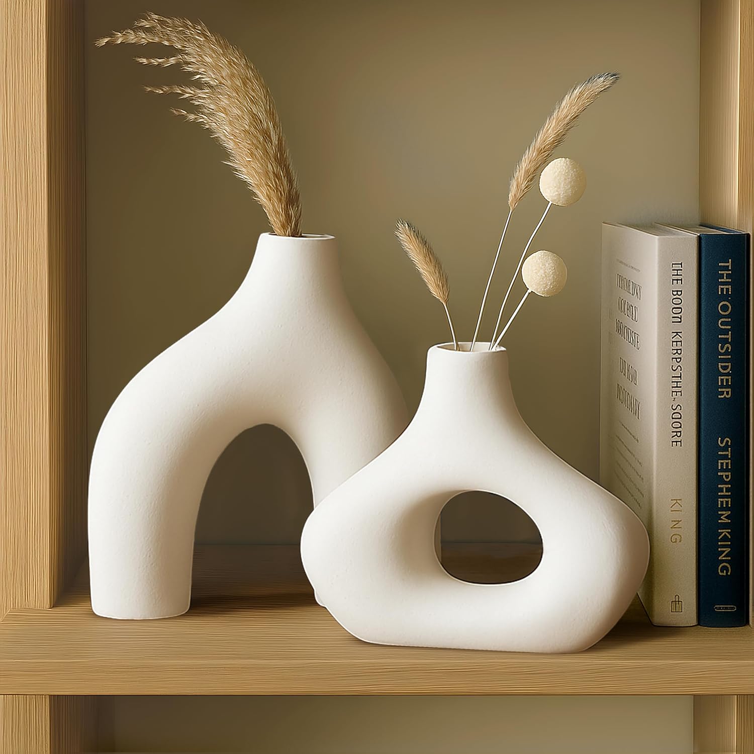 Abstract White Ceramic Donut Vase 5.4 & 7.7 Inch - Set of 2