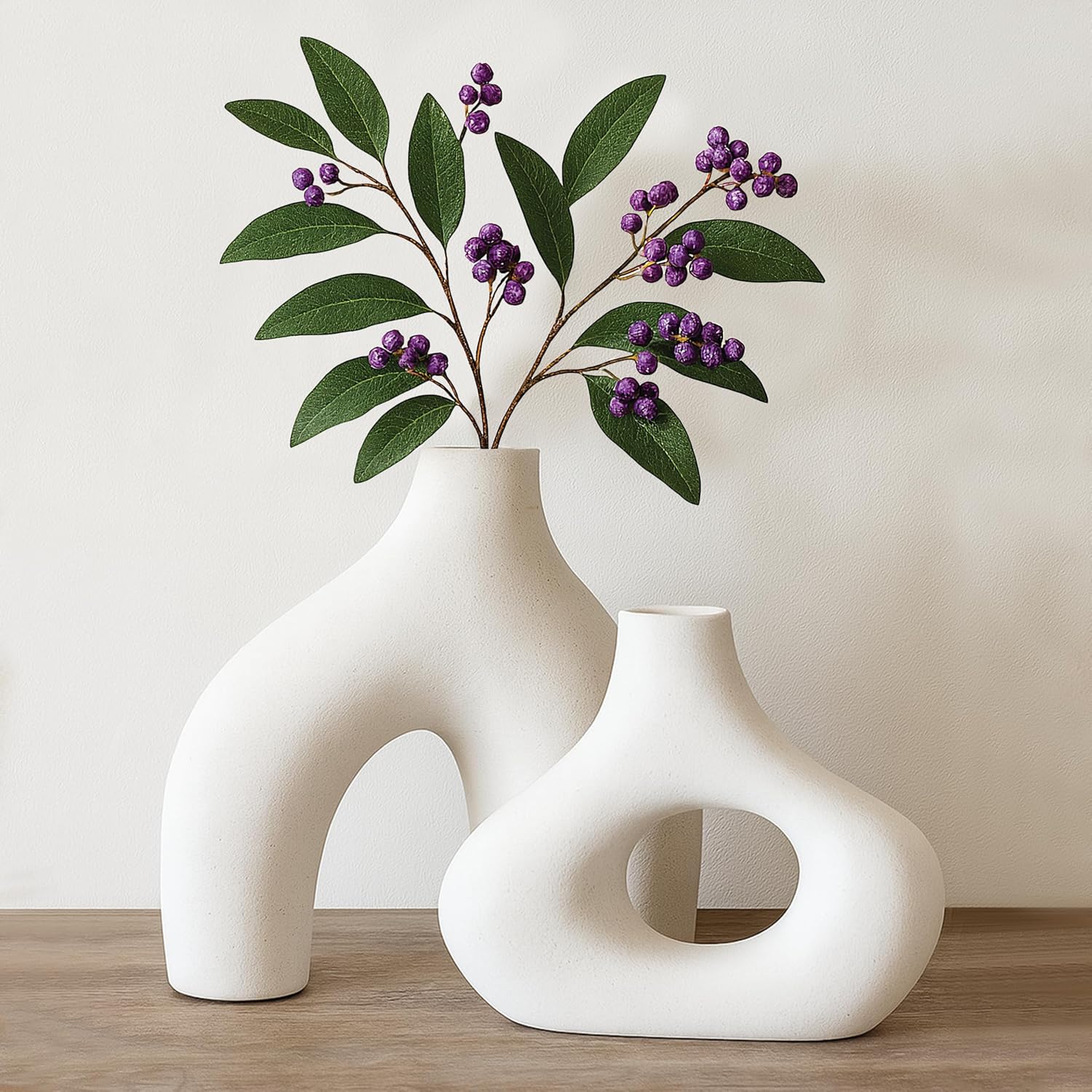 Abstract White Ceramic Donut Vase 5.4 & 7.7 Inch - Set of 2