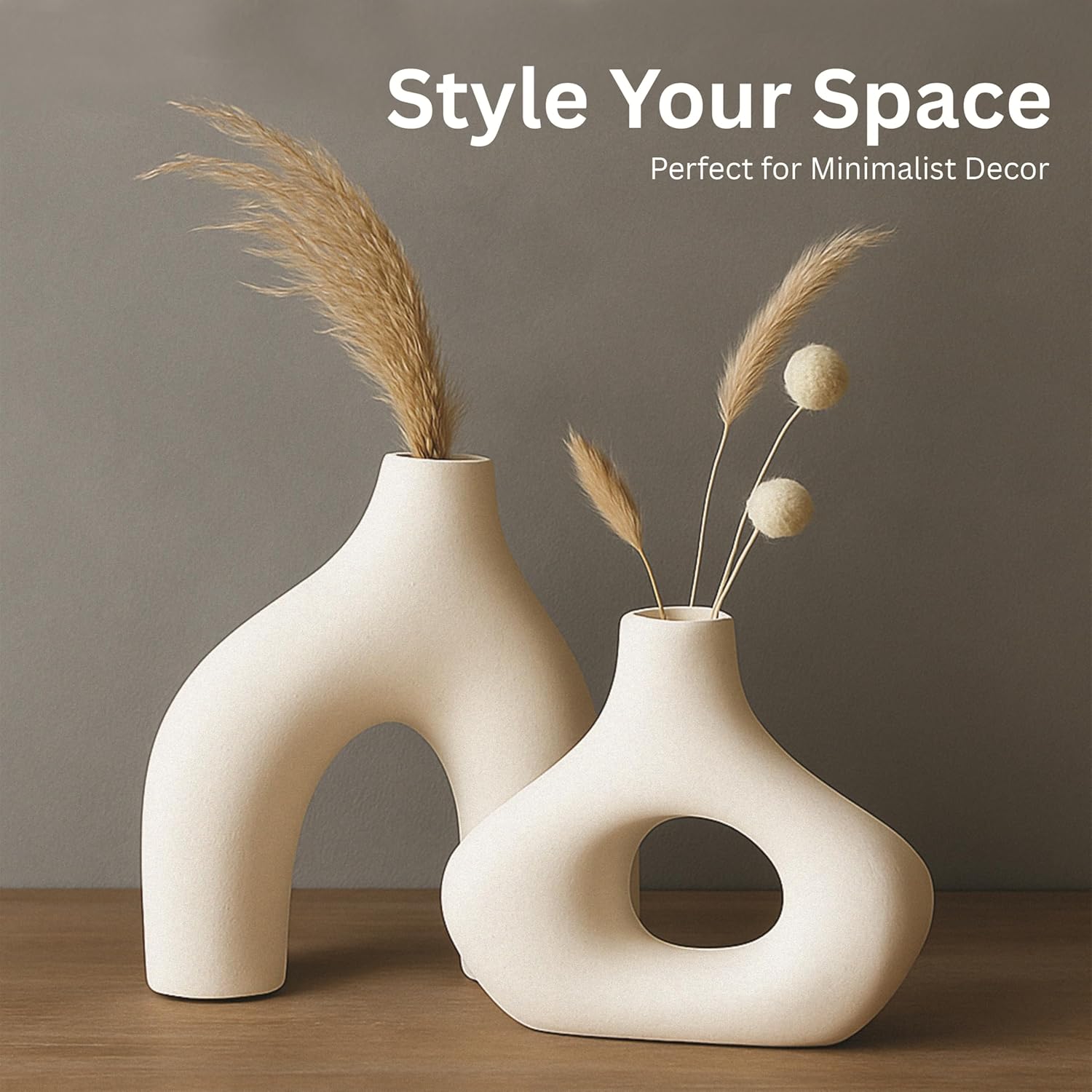Abstract White Ceramic Donut Vase 5.4 & 7.7 Inch - Set of 2