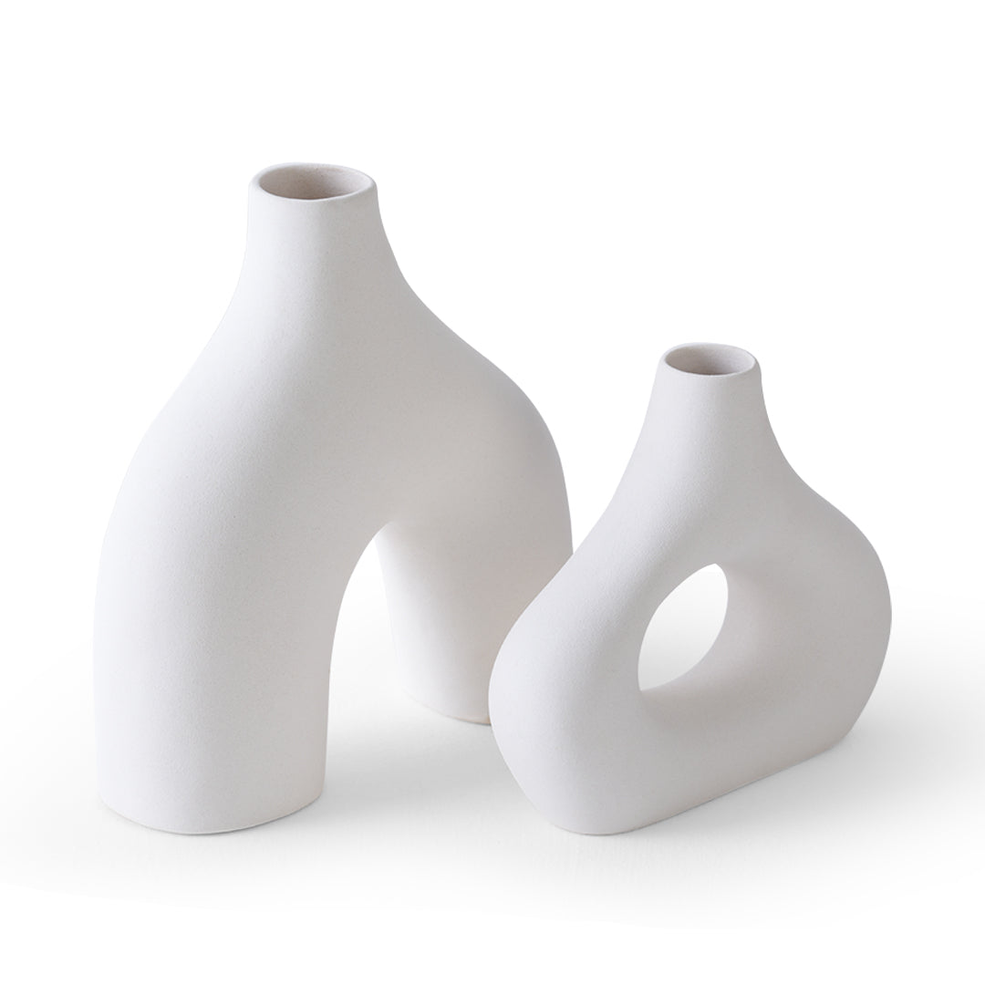 Abstract White Ceramic Donut Vase 5.4 & 7.7 Inch - Set of 2