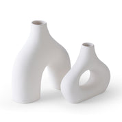 Abstract White Ceramic Donut Vase 5.4 & 7.7 Inch - Set of 2