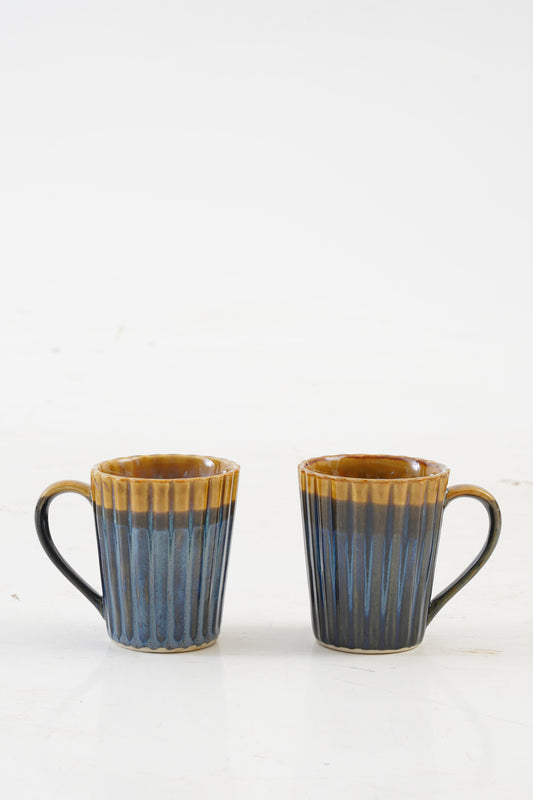 Fluted Navy Blue & Yellow Coffee Mugs Set of 2