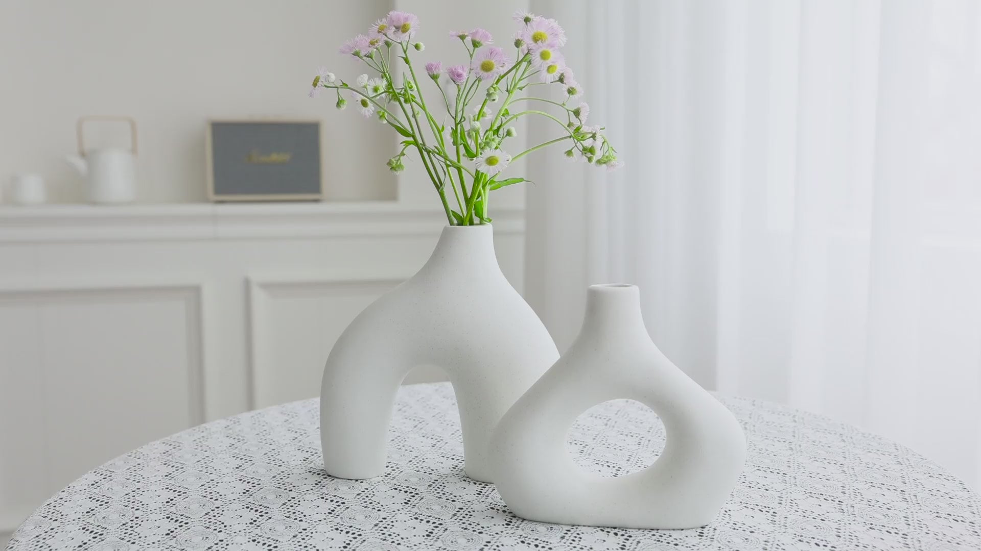 Abstract White Ceramic Donut Vase 5.4 & 7.7 Inch - Set of 2